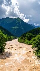 A river rushes through a valley with forested banks, under a cloudy sky, toward distant mountains