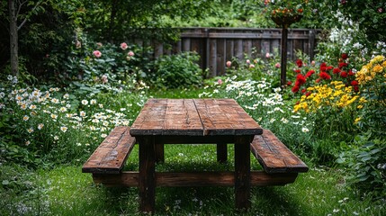 Rustic Picnic Table Surrounded by Lush Garden Flowers.