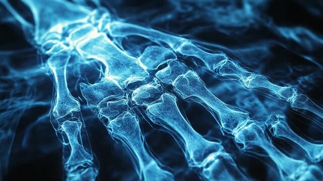 X-ray Vision: A detailed view of human hand bones, bathed in an ethereal blue light, offering an insightful glimpse into human anatomy and medical diagnostics.