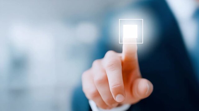 Digital interface selection: A focused finger, elegantly poised, interacts with a glowing digital interface, ready to activate the next step with a modern touch. 