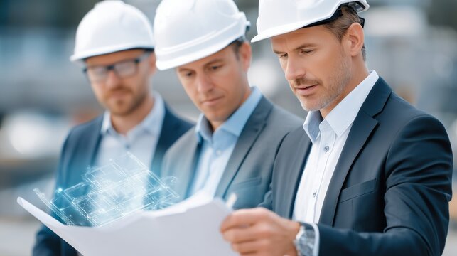 Architects wearing hardhats and suits studying holographic blueprint using augmented reality technology on construction site with AI