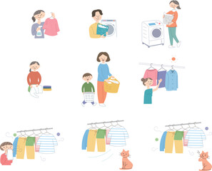 洗濯をする人々のイラストセット