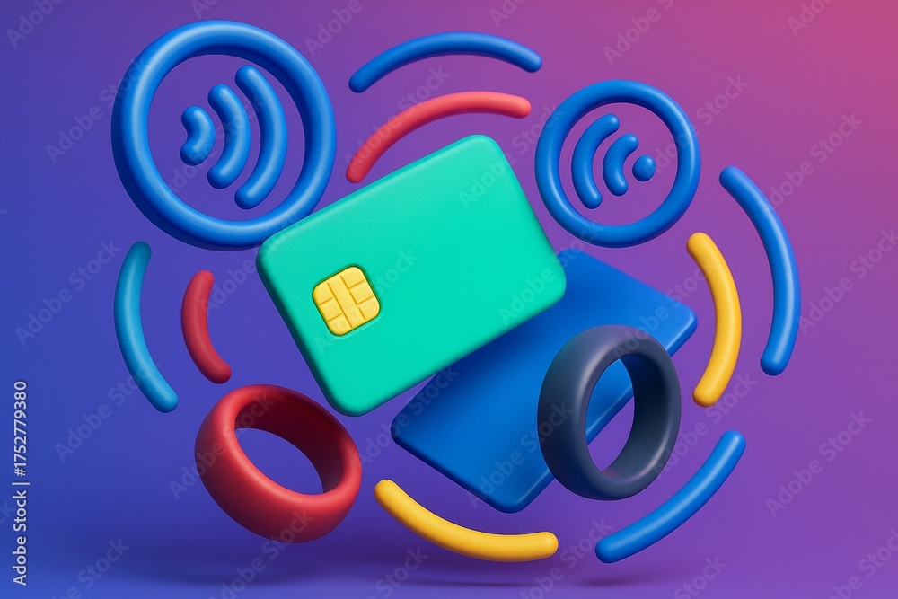 Wall mural abstract contactless payment mockup with colorful 3d shapes and card on vibrant gradient background 