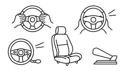 Hands on steering wheel, car seat and gear stick, driving essentials illustration