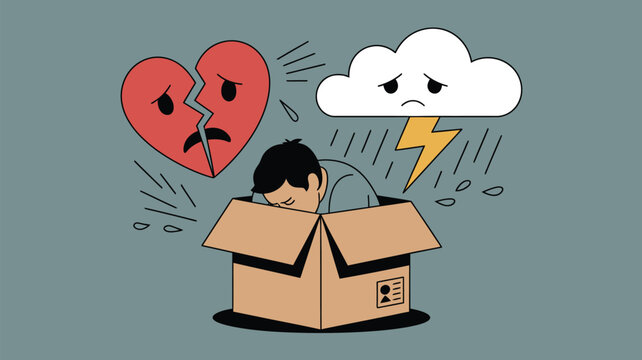Person feeling overwhelmed and isolated, surrounded by symbols of heartbreak and emotional storm.