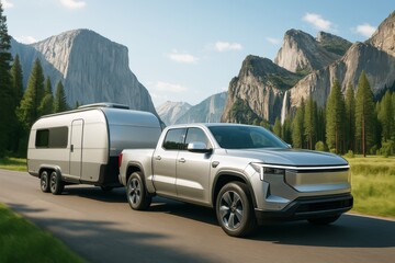 Electric pickup truck towing modern travel trailer on scenic mountain highway surrounded by pine trees and cliffs under clear blue sky light.. Ai generative