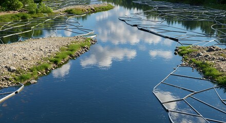 A river with floating geometric structures mirroring the sky, framed by rocky banks and greenery