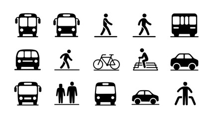 Collection of simple icons representing transportation and pedestrian symbols.