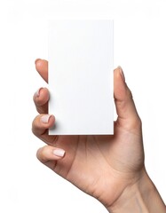 Obraz premium Female hand holding a blank business card or flyer mockup. Isolated on white background