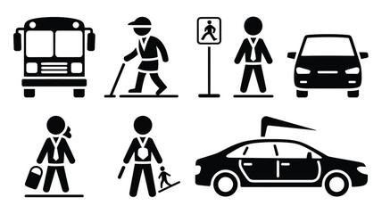 Diverse group of people and vehicles illustrating urban transportation and pedestrian safety.