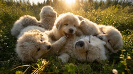 Adorable puppy pile in grassy field