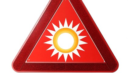 A road hazard sign depicting a stylized sun inside a red triangle