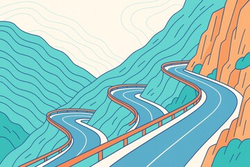 Winding mountain road with bright orange guardrails and turquoise hills in abstract creative style on light background. Ai generative. Ai generative