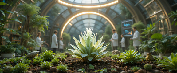 Botanical greenhouse with scientists researching plant life, showcasing innovation and sustainable practices in a modern lab.