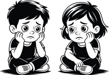Two sad children with worried expressions, sitting and looking down
