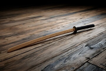 Bokken Wooden Training Sword on Dojo Floor Showcasing Traditional Japanese Martial Arts Equipment