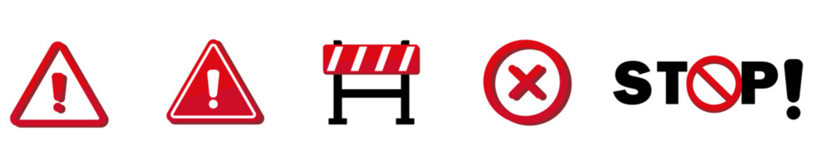 Stop, caution, barrier, no icon vector set. Warning sign and stop icon set vector illustration. Attention symbol with stop and cross icon vector. Caution and error notification icon vector set. 