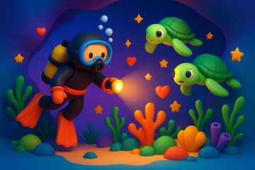Obraz premium Cute cartoon diver exploring colorful underwater world with sea turtles, coral reef and glowing flashlight in a playful marine scene. Ai generative