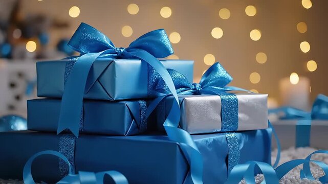Blue gift boxes stacked elegantly with shimmering ribbons, showcasing festive decorations and warm bokeh lights in the background, camera smoothly pans to highlight the vibrant colors and textures