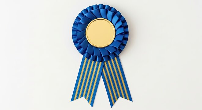Blue Ribbon Award rosette with golden center and striped tails