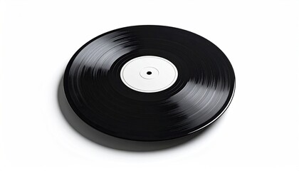 Fototapeta premium A Black Vinyl Record With A White Label Rests On A White Surface Casting A Subtle Shadow