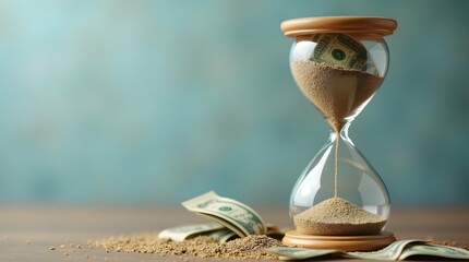 Money slipping through hourglass showing time is currency and financial resources are finite