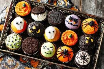 Top view of colorful Halloween cupcakes decorated with spiders, ghosts, and pumpkins on a rustic tray