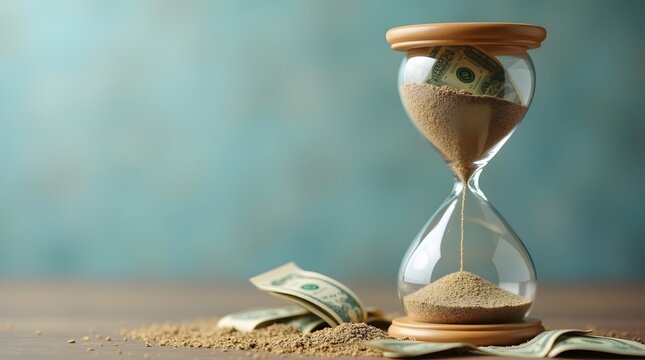 Money slipping through hourglass showing time is currency and financial resources are finite - Powered by Adobe