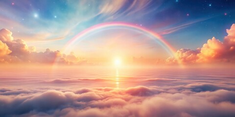 Obraz premium A Serene Sunrise Above a Sea of Clouds with a Pastel Rainbow Arcing Across the Starry Sky