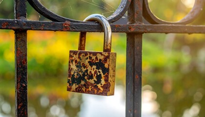 Close-up shows a rusty padlock hanging from a black iron gate
