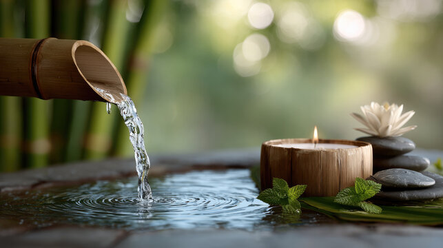 Serene spa setting with bamboo water spout, flowing water, candle, stacked stones, green leaves, and white lotus flower