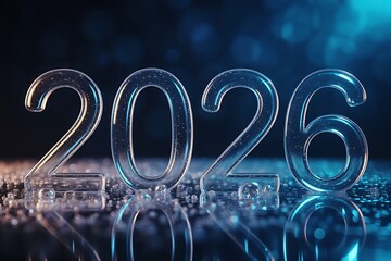 Stunning transparent 2026 numbers shimmer with light and water droplets, symbolizing future possibilities and new beginnings.