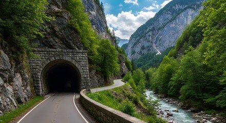 A road winds past a tunnel entrance through a mountain gorge with a river below