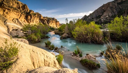 A serene river cuts through golden canyons under a sunny sky with lush greenery