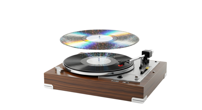Vintage record player with a holographic CD hovering above, symbolizing music evolution