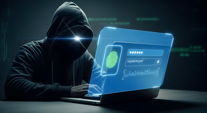 Cybersecurity threat: hooded hacker accessing sensitive data with fingerprint ID