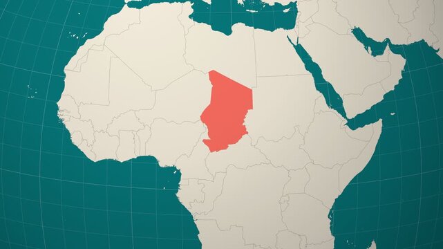 Chad map. Animated zoom into the country on the Globe in Teal Pale Mint color palette. Country logo animation. Map with meridians, parallels. Neat video.