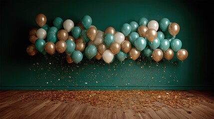 A cluster of balloons float above scattered confetti on a wooden floor.