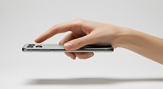 A hand gently touches a sleek, silver rectangular device with a camera, against a light backdrop