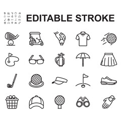 A set of golf-related icons. Line-style vectors. Contains icons such as golf carts, golf clubs, balls, and more.