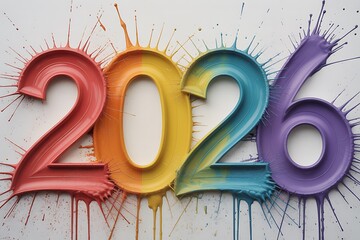 Vibrant 2026 numbers explode with colorful paint splatters, perfect for dynamic New Year celebrations and creative projects.