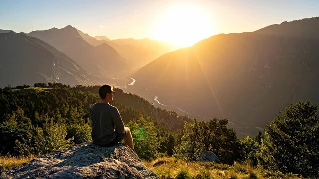 Man Sitting on a Rock Watching the Sunrise Over a Mountain Valley.