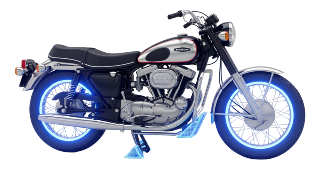 Sleek vintage motorcycle with glowing blue accents, ready for an exciting journey.