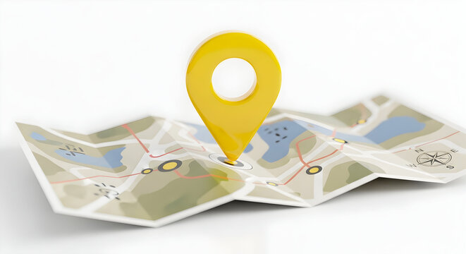 Yellow map pin pinpointing location on folded map, travel and navigation concept