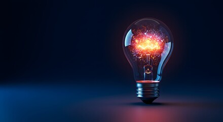 A glowing lightbulb illuminates a complex, vibrant energy pattern inside, on a dark blue backdrop