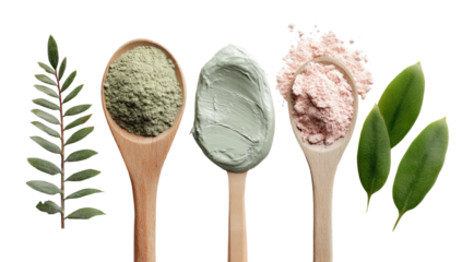 Four wooden spoons holding natural face masks, powders, and leaves