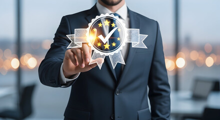 Businessman touching quality assurance badge, representing success and approval