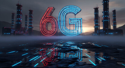 Futuristic 6G technology concept with glowing neon factory and reflections