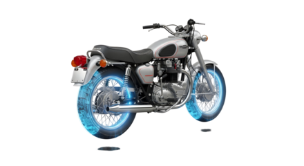 Sleek vintage motorcycle levitating with glowing blue energy wheels, symbolizing innovation and futuristic travel.