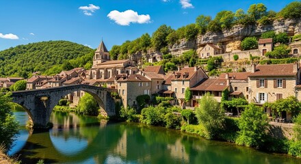 Obraz premium Charming medieval village nestled along a tranquil river in France